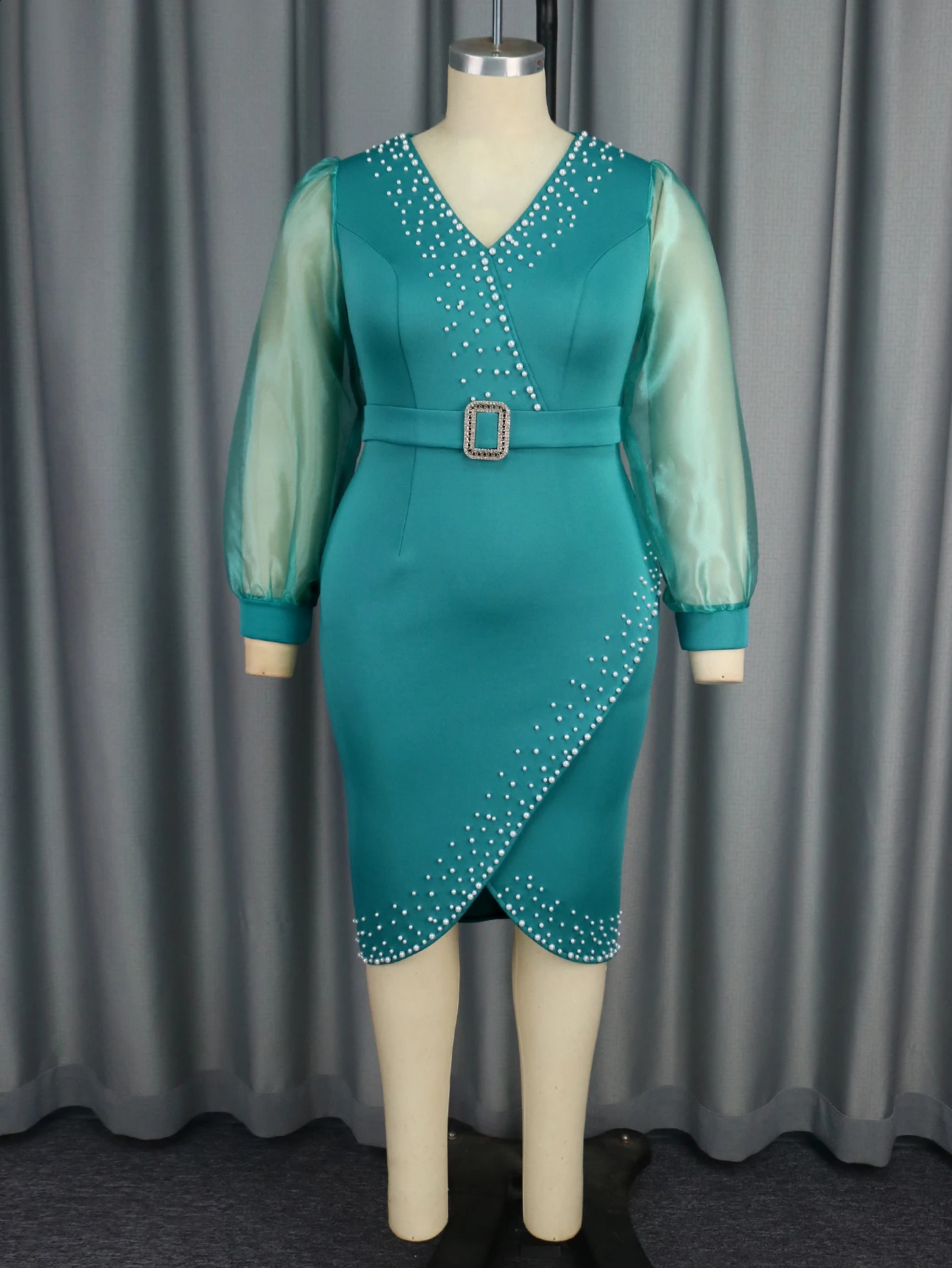 Ogilvy Evening Dress with V-neck Bead and Mesh Lantern Long Sleeve Sexy Womens Party Classic Office Womens Wedding Guest Dress 240921