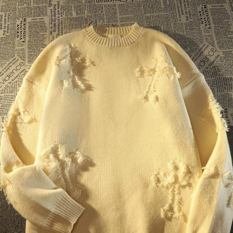 Autumnand y2k Streetwear Men Retro Hole Fringed Sweater Loose Versatile Sweater For Men And Women Long Sleeve Sweater 240923