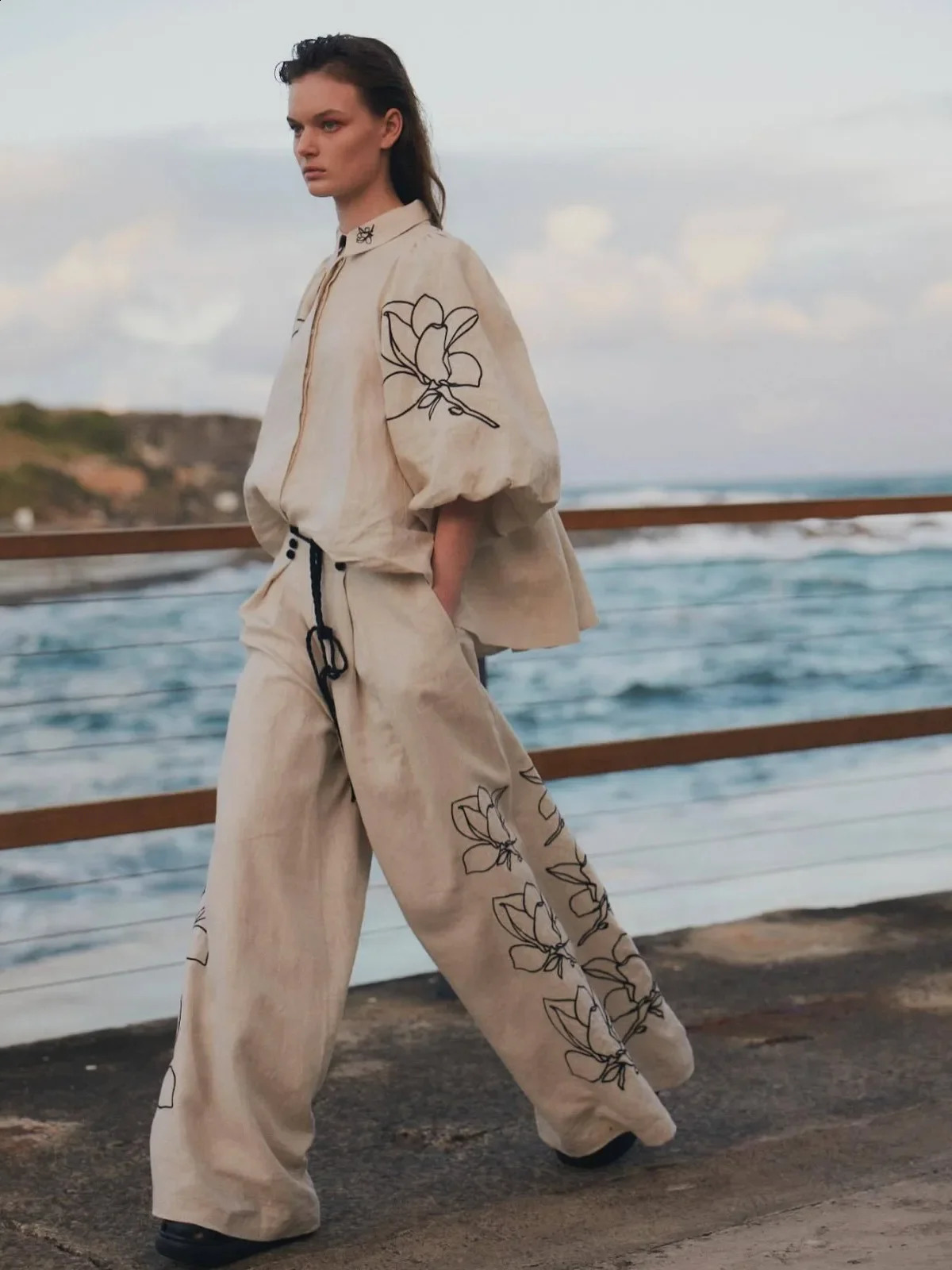 Cotton Sets Linen Stand Collar Lantern Sleeve Loose Flower Tops Wide Leg Oversize Wideleg Pants Summer Female Bubble Sleeve 240921