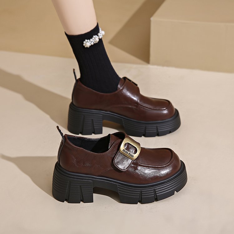 Casual Women's Leather Loafers: Versatile Platform Shoes for Height and Style - Black & Brown 7405