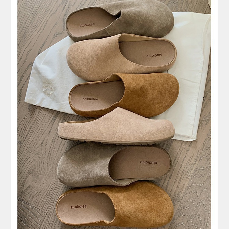 Cowhide Edition~Grape Mom Same Style Row Style One Step Stepping Flat Half Bag Boken Women's Shoes Casual Baotou Boken Slippers