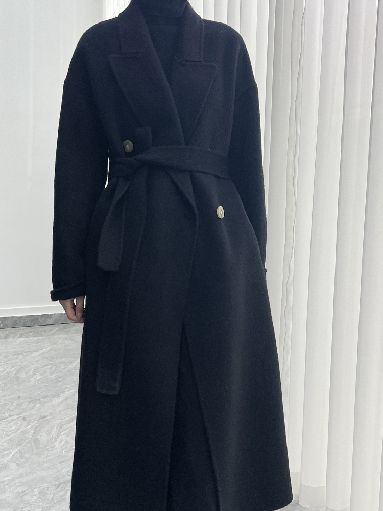 Double Breasted Office Lady Alpaca Woolen Jackets 2024 Autumn And Winter Suit Collar Loose Adjustable Waist Long Women Wool Coat