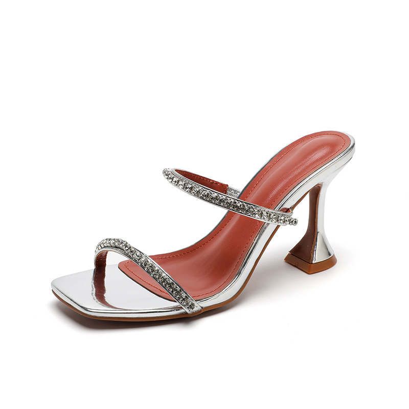 2025 S Fashion Designer Glitter Slides High Heeled Shoes Lady Square Toe Ladies Slippers Jelly Thin PU Crystal Fretwork Rubber Scandals Plus Size