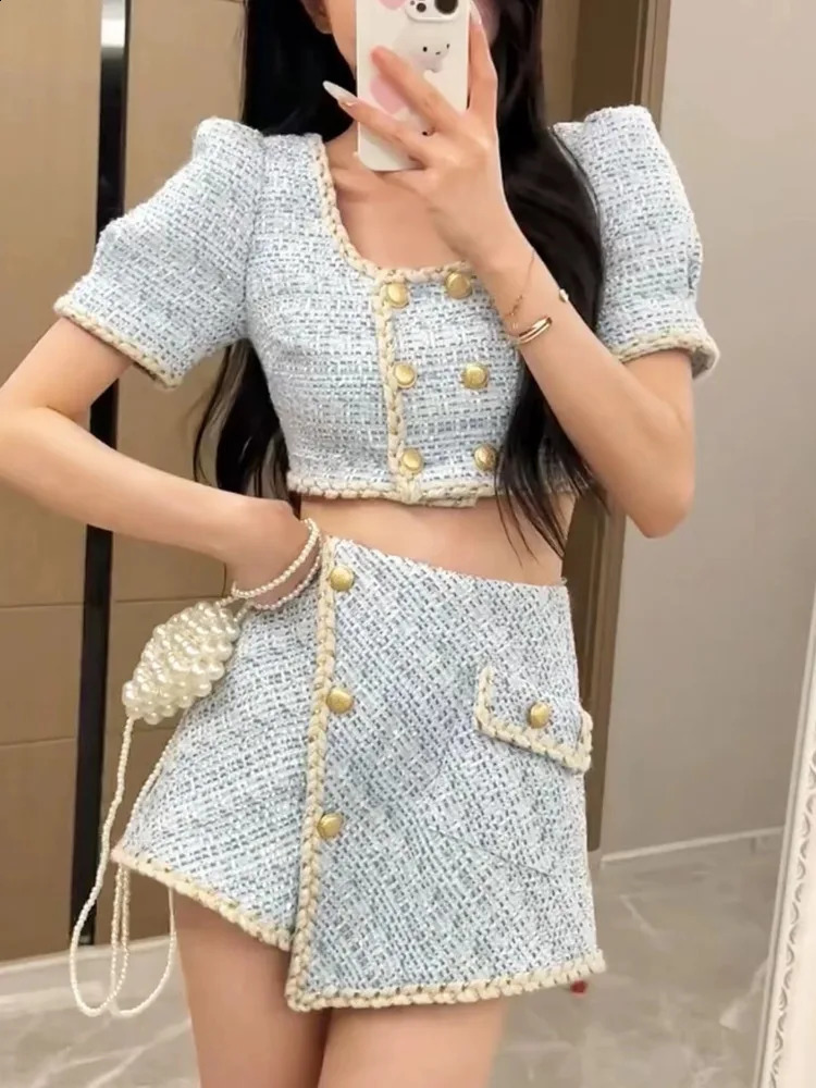 Elegant Chic Vintage Tweed Sets Women Outfits Puff Sleeve Double Breasted Cropped Tops Asymmetrical Mini Skirt Two Piece Suits 240921