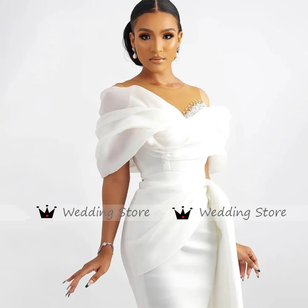 African Illusion Pearls Crystal Bridal Gowns Satin Church Long Sleeve Country Wedding Dresses Side Reception Gowns Robe de 01