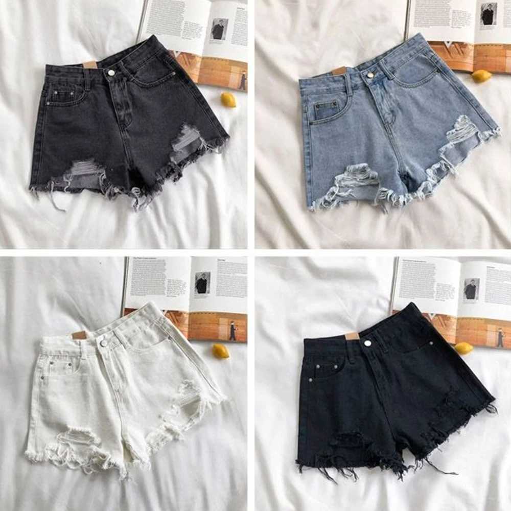 Summer Korean Womens Cowboy Shorts High Waist Casual Blue Denim Shorts Pocket Tassel Perforated Fashion Shorts Y2K Female JeansX2409