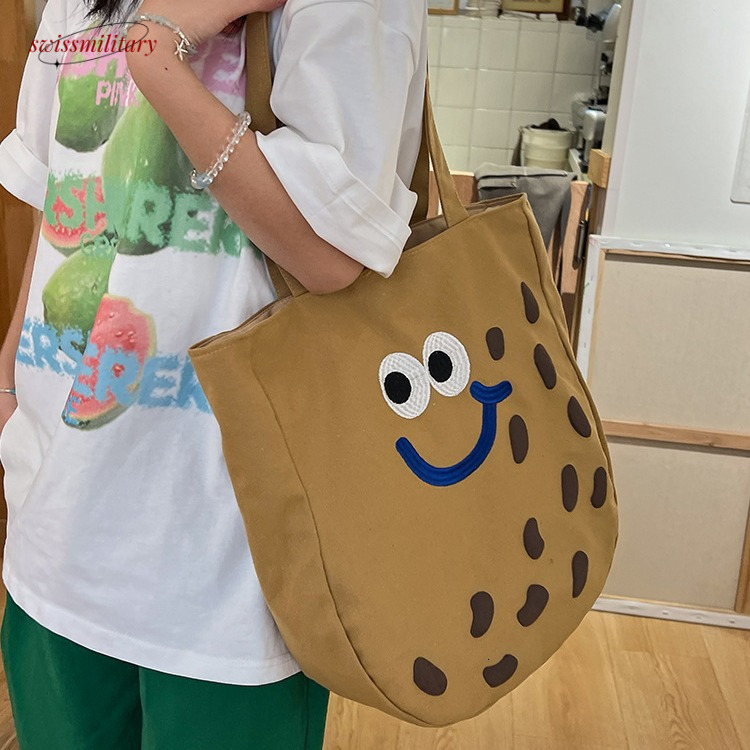 Large Capacity Handheld Bag for Women, Fashionable, Funny, Embroidered, Cute, Cartoon Canvas, Single Shoulder Art Versatile #23 Swissmilitary