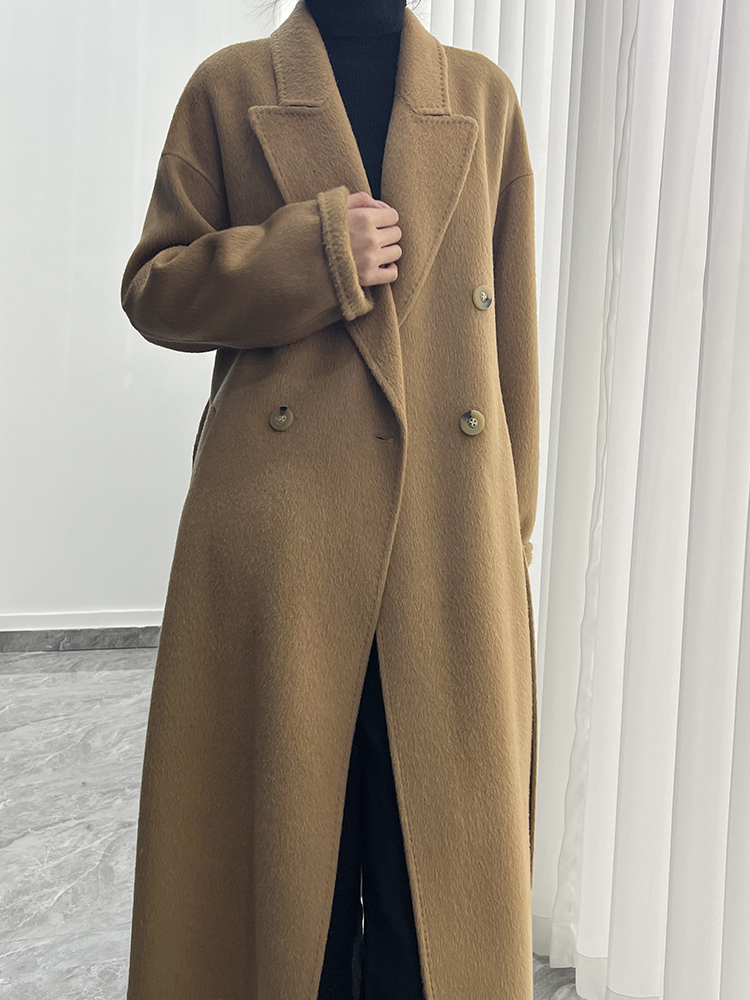 Double Breasted Office Lady Alpaca Woolen Jackets 2024 Autumn And Winter Suit Collar Loose Adjustable Waist Long Women Wool Coat