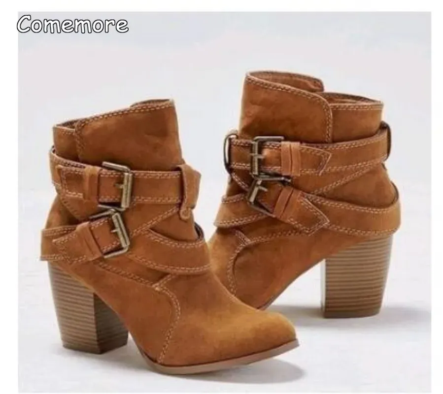 Buckle Casual Ladies Shoes Female Chelsea Short Boot Chunky Heel Autumn Footwear 2024 Vintage Women High Heels Ankle Boots