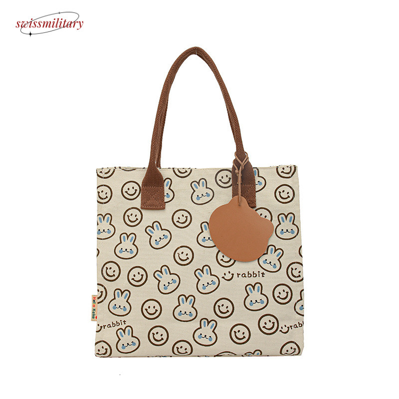 Large capacity canvas shoulder with bunny print tote for female office workers, cute student bag #28 Swissmilitary