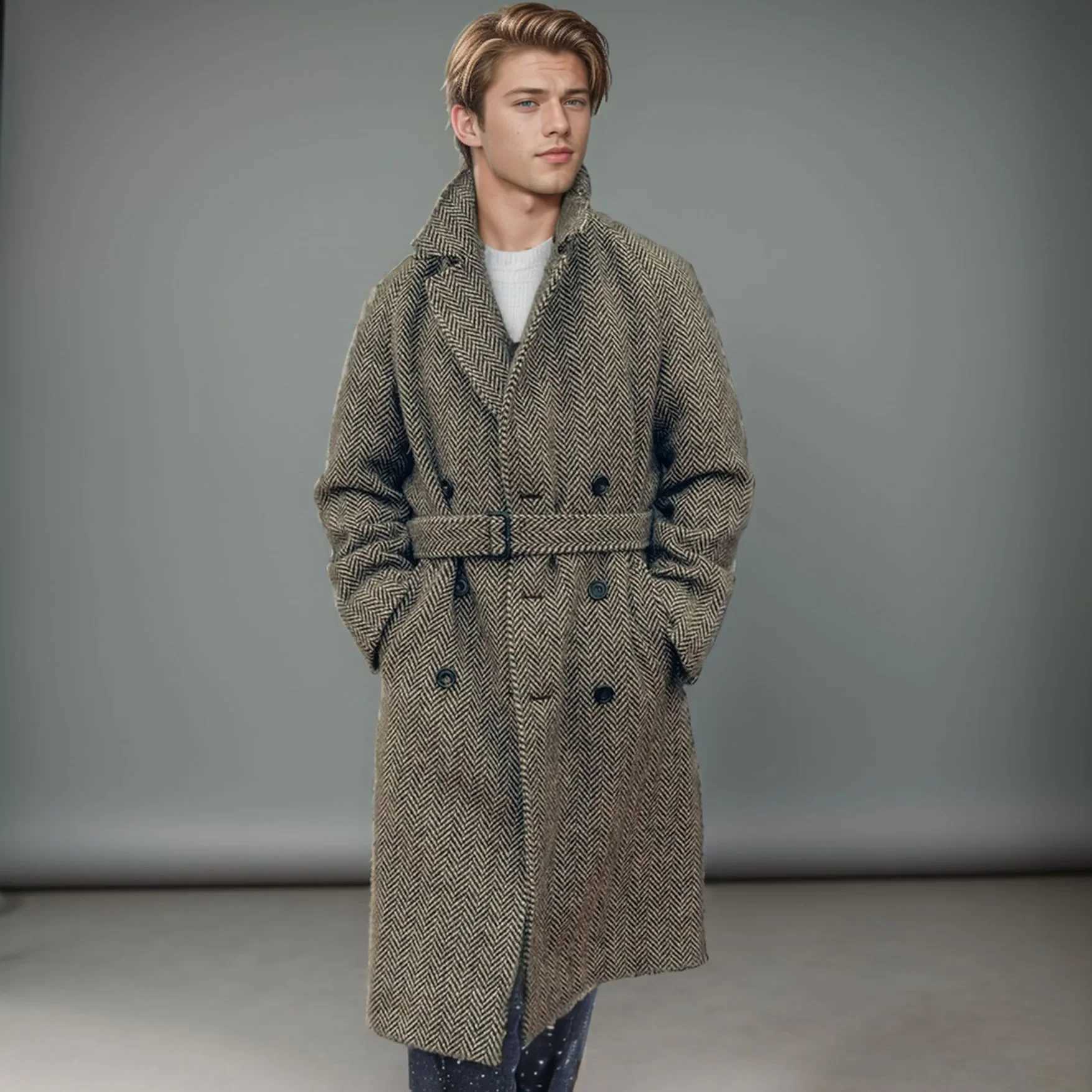 2024 European and American mens mid length wool plaid double chest casual cotton padded thick jacket suitable for autumn and winter W240921