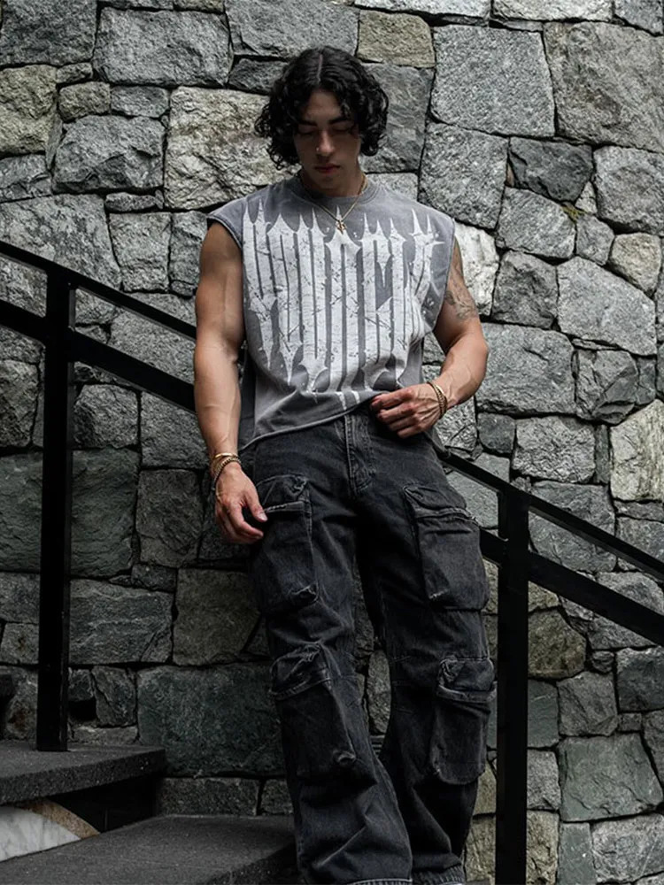 American style printed sleeveless T-shirt mens summer loose basketball vest fashionable street jogging and fitness vest 240923