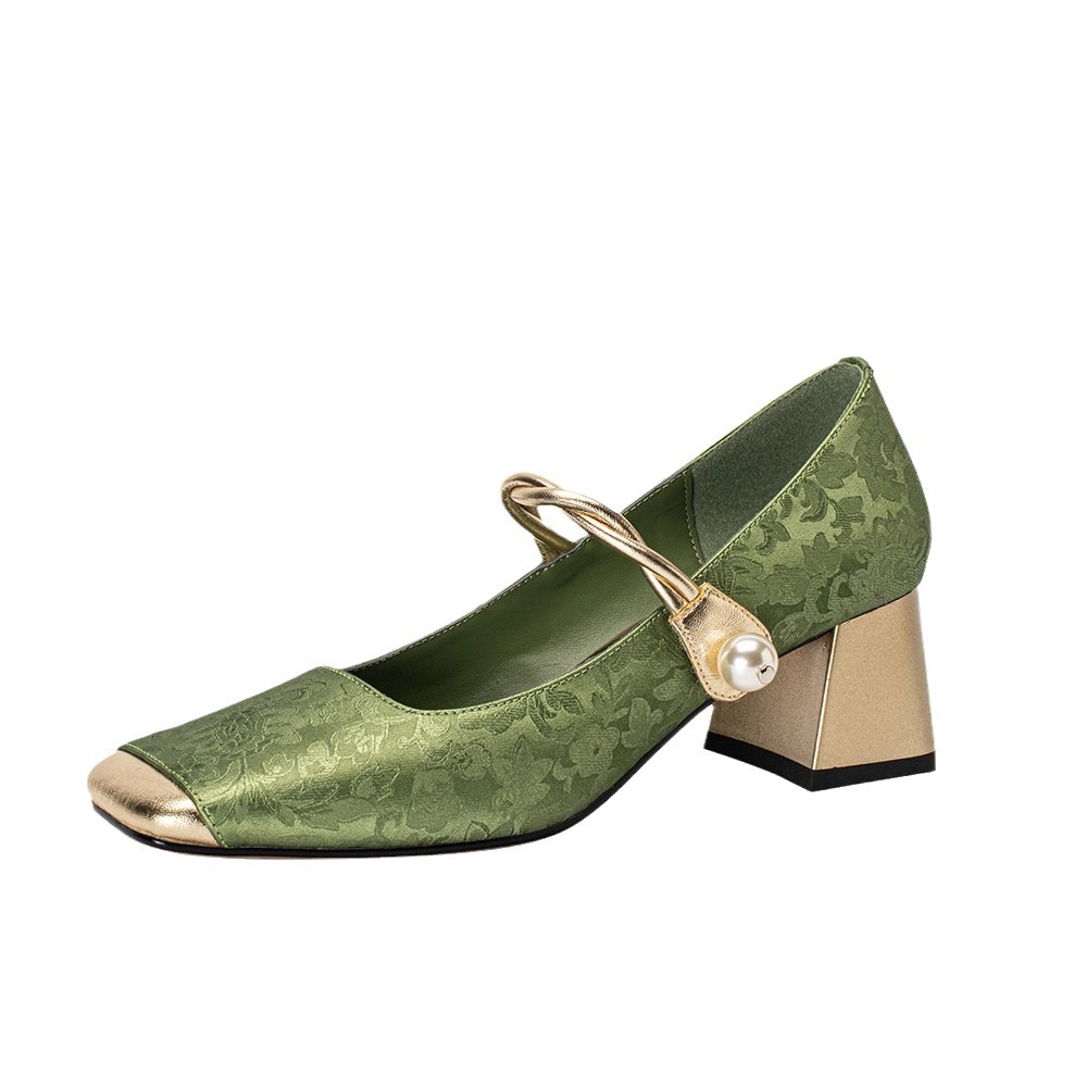 Women Shoes High Heel Fashion Clunky Heel Increase Height Chinese Style Versatile Trendy Pearl Design Triple Black Apricot Green Free shipping
