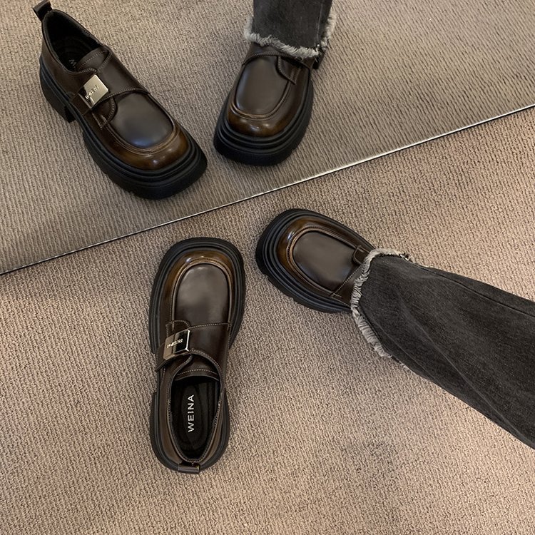 Casual Leather Slip-On Loafers for Women: Vintage Fashion, Height Boost, Black/Brown 1fa8