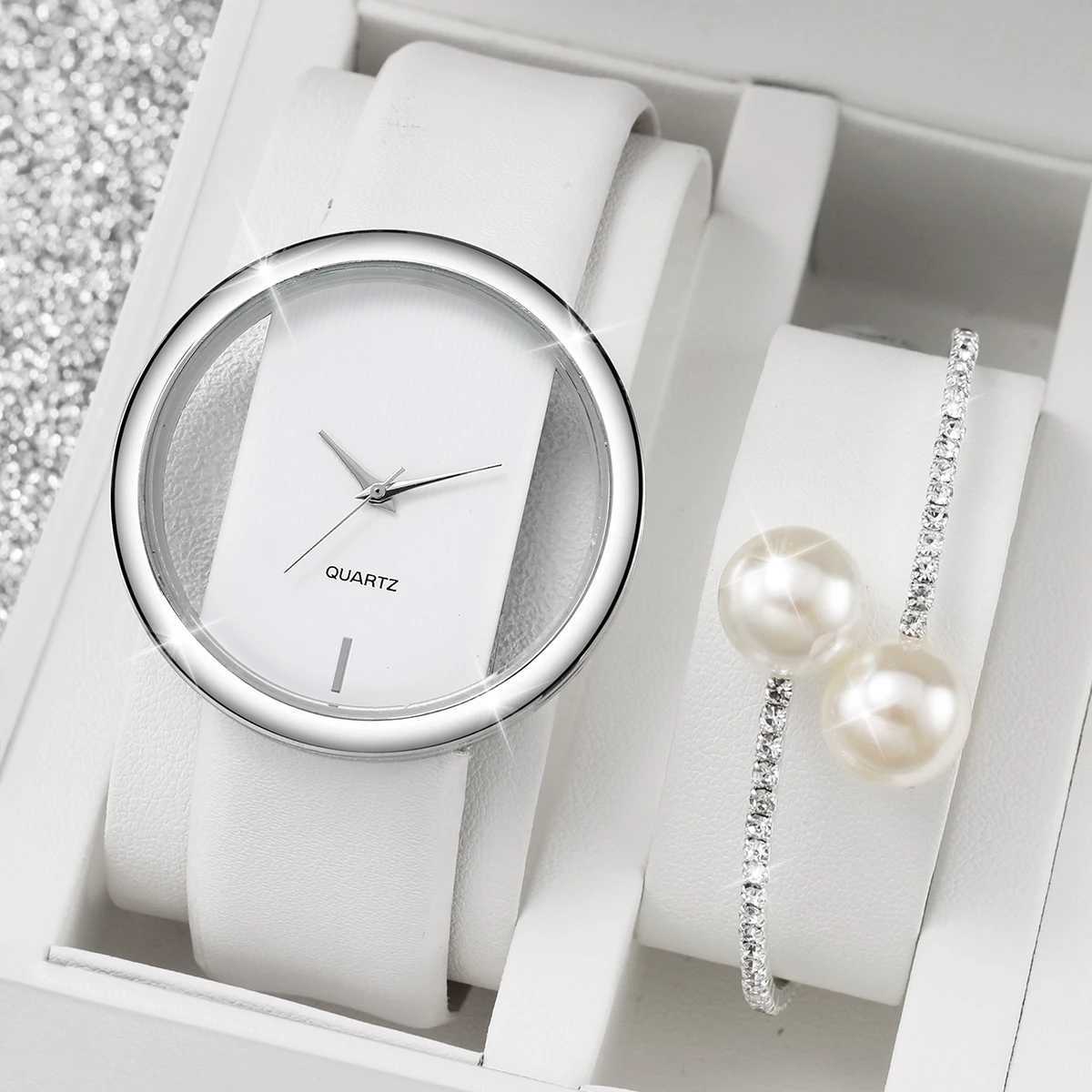 2PCS/Set Womens Watch Pearl Diamond Bracelet Set Fashion Hollow Dial Leather Band Quartz Watches(Without Box)X240923
