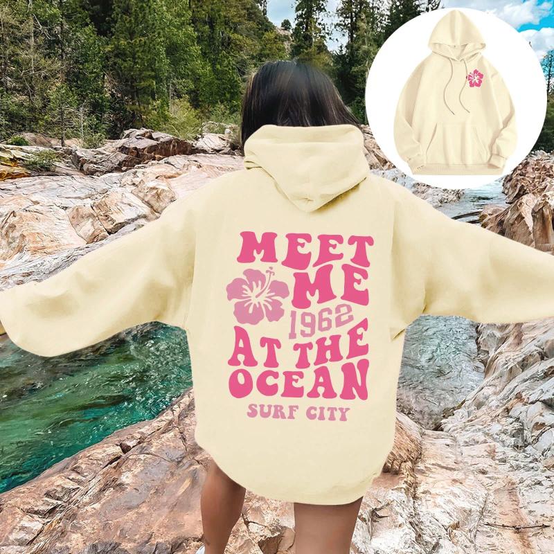 Women's Hoodies Basic All Match Women Hoody Casual Fashion Streetwear Sweatshirt Letter Meet Me At The Ocean Print Fleece Warm Top