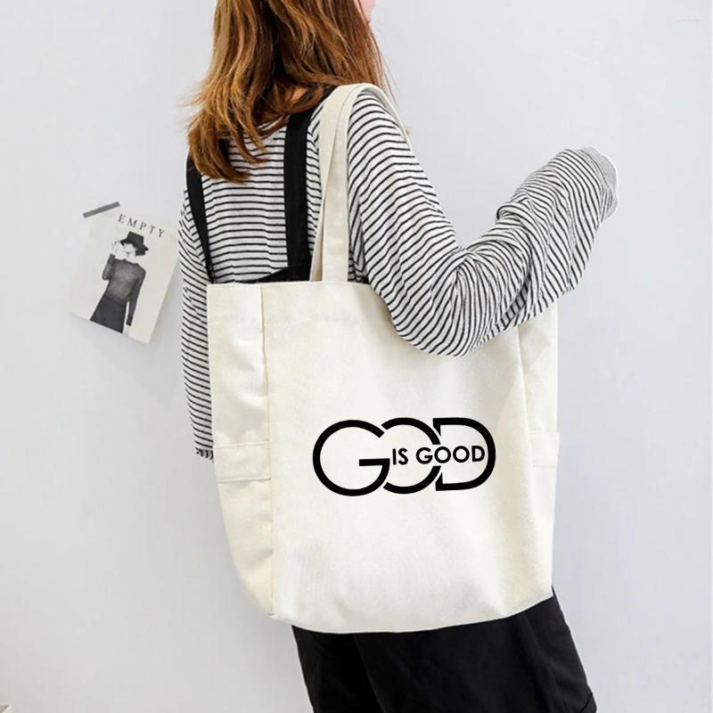 Shopping Bags God Is Good Funny Printed One-shoulder Bag Large Capacity Ladies Tote Canvas Women fashionable item zhanyishengli