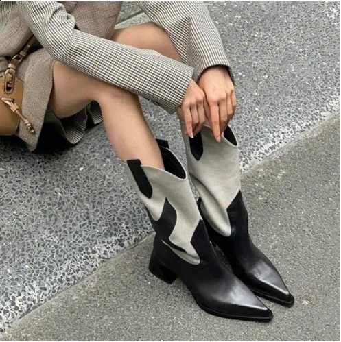 Boots Womens Retro Pointed Toe Totem Cowboy Boots Strange Heel Mixed Color Thick Sole Autumn Winter Women Shoes Western Style 240921