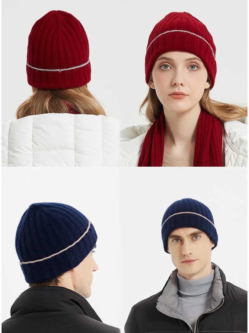 Beanie/Skull Caps Contrast Trim Ribbed Wool Beanie Men Women Knitted Winter Hat J240923