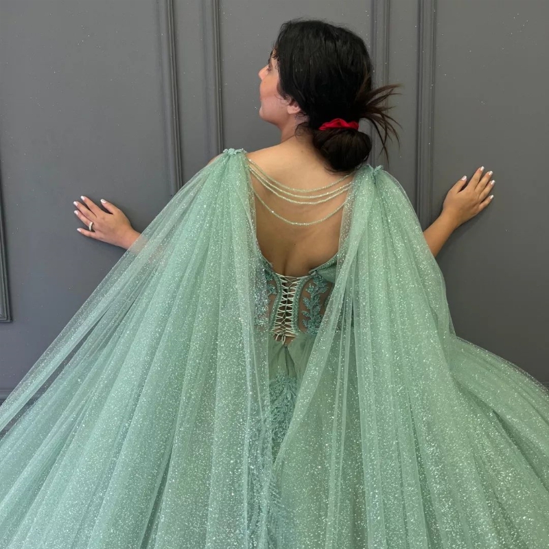 Sage Green Shiny Quinceanera Dresses With Cape Ball Gown Applique Lace Beading Tulle Lace-Up Backless Party Princess Sweet 16 Dress