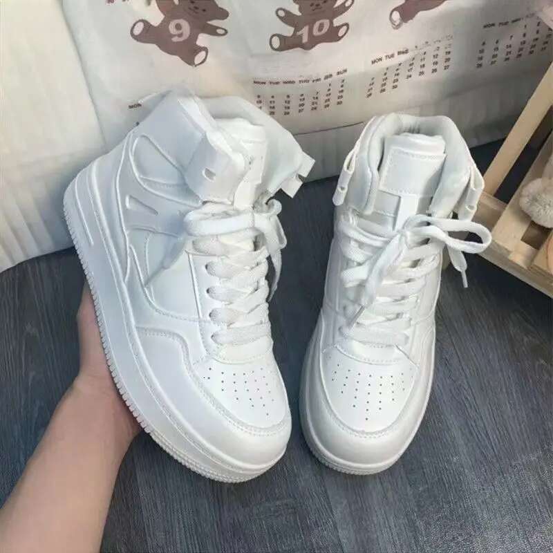 Haruku Style White High-top Sneakers Flat Autumn Women's 2023 New Thick Bottom Versatile Skate Shoes Trendy