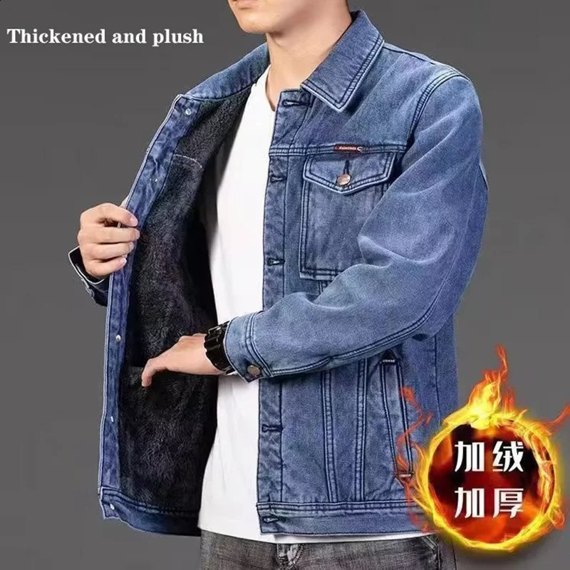 Winter mens denim jacket thick wool warm fashionable classic collar ultrathin bicycle jeans ed clothing 240921