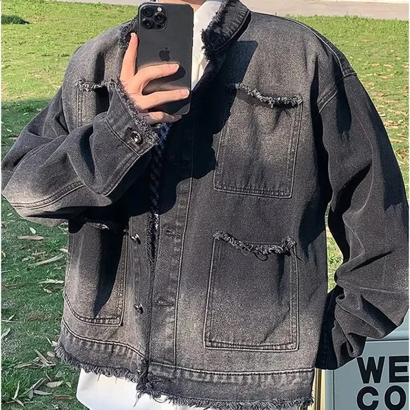 Mens stand up collar denim jacket single chest casual windproof bomber street retro burr autumn fashion 240921