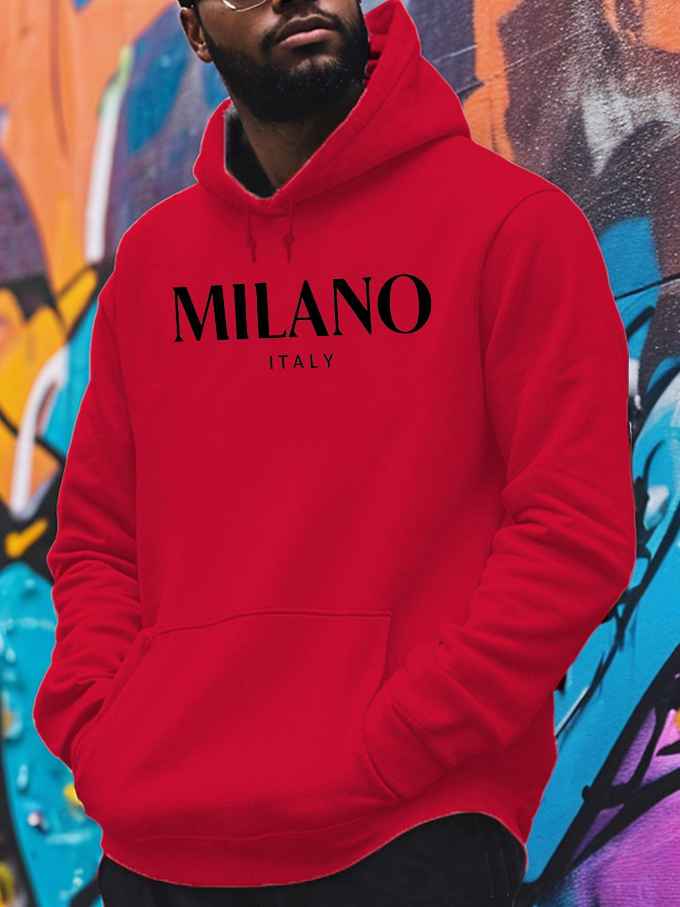 MILANO Italy Letter Print Hoodie - 100% Polyester Knit Fabric with Slight Stretch, Long Sleeve Hooded Sweatshirt, Regular Fit Casual Fleece Pullover f