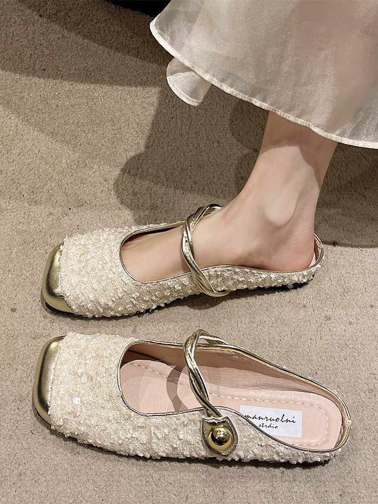 New designer slippers luxury sandals Baotou Half Slippers for Women's Summer Outwear 2024 New French Evening Style Sequins Mary Jane Flat Sandals