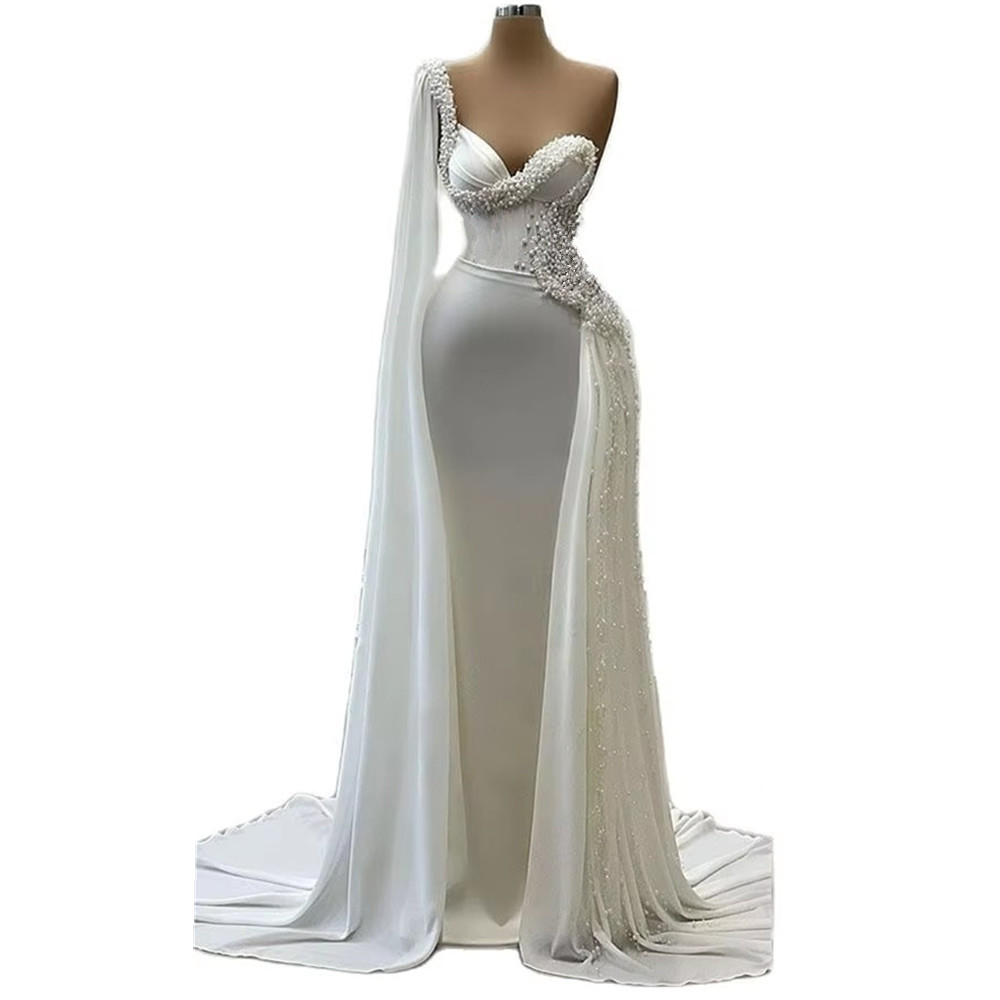 Luxury One Shoulder Wedding Dresses Beaded Pearls Bridal Gown Full Sleeve Formal Gowns Mermaid Evenings Dresses for Weddings Robes De Mariee