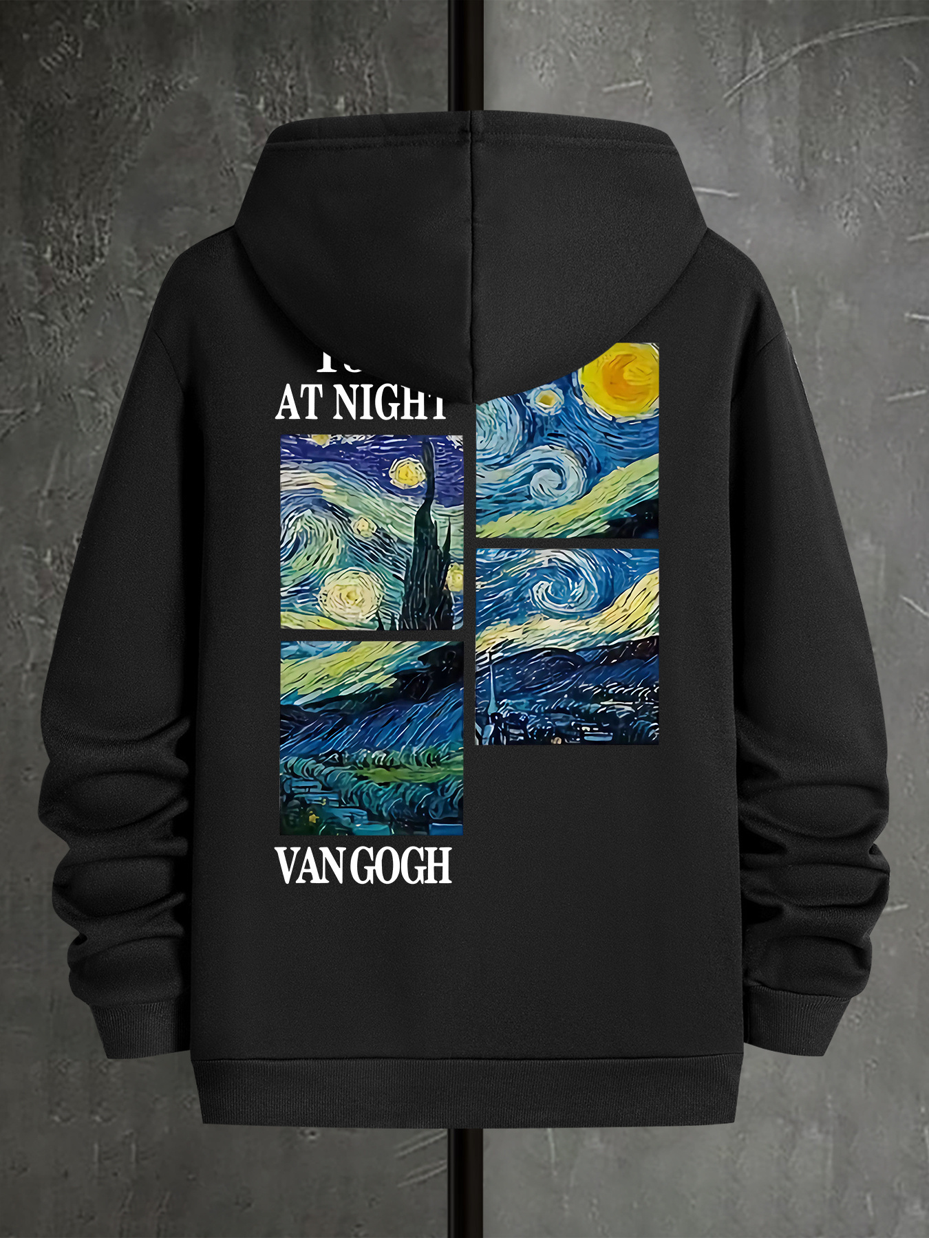 Starry Night Inspired Print Hoodie - 1889 Artistic Graphic Pullover with Kangaroo Pocket, Polyester Knit Fabric with Slight Stretch, Casual Hooded Swe