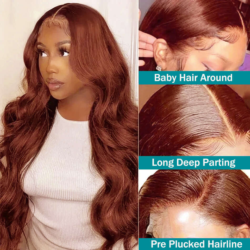 HD 250% 30 40 Inches Reddish Brown Body Wave 13X6 Front Human Wigs 13x4 Lace Frontal Brazilian Remy Hair Wig