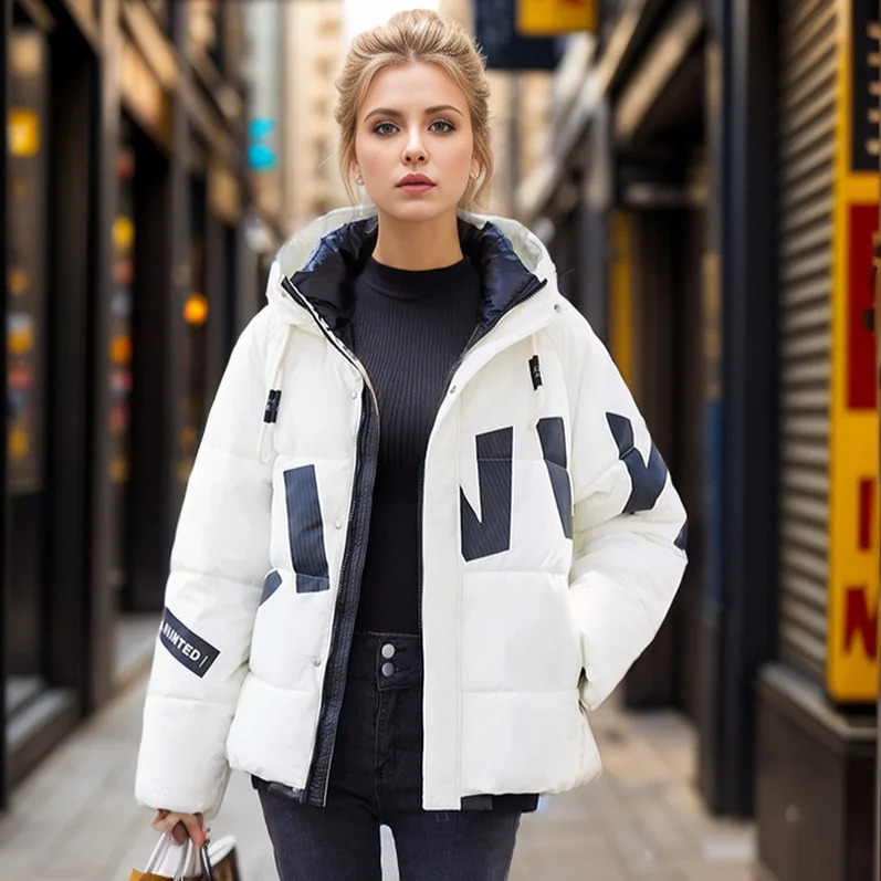 2024 Winter Womens Jacket Female Cotton Padded Printed Letter Thick Wide Bread Jacket Womens Casual Loose Hooded Cotton Jacket 240918