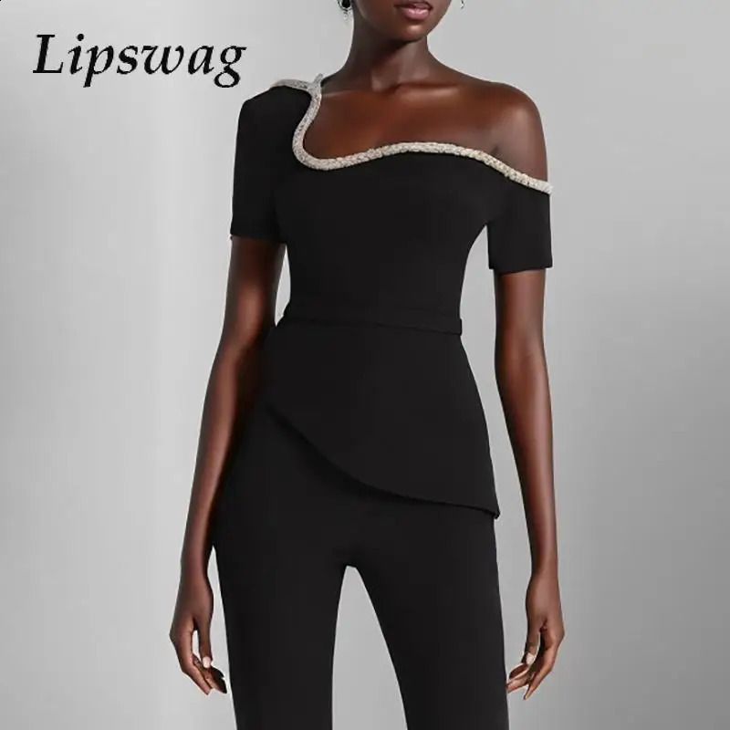 Heat resistant solid combination womens fashionable irregular long shoulder jumpsuit high street short sleeved flash pants onepiece 240918