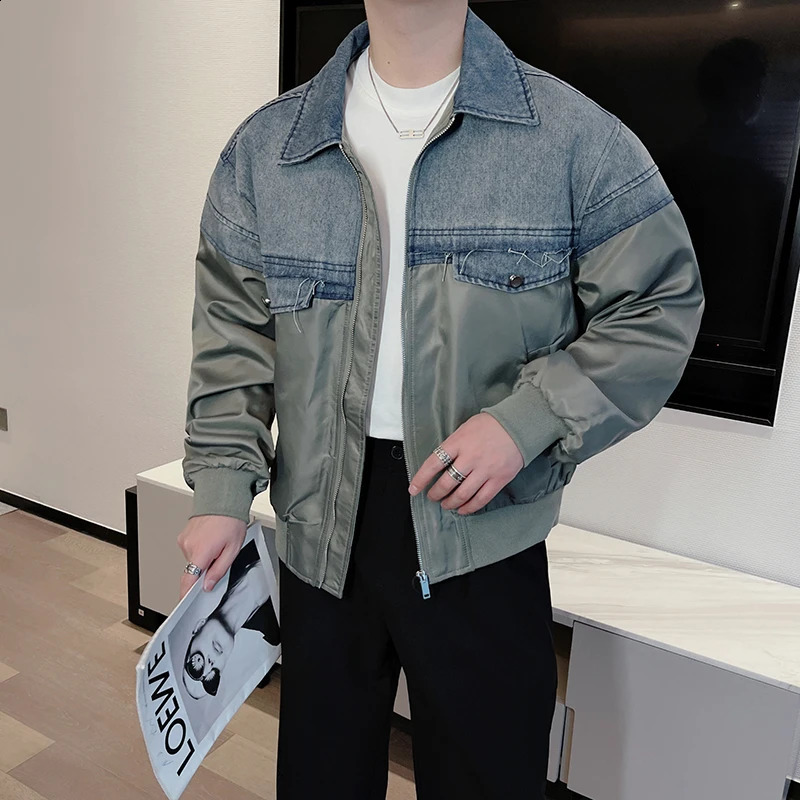 fashion patch work denim jacket mens loose casual baseball lapel streetwear social hiphop Harajuku 240921