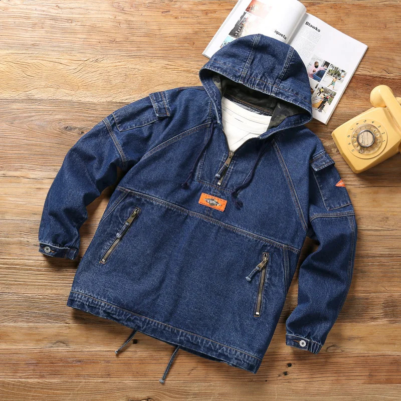 Spring Hooded Sports and Leisure Sweater 100% Cotton Loose Korean Stitching Cowboy Jacket Mens Wear 240921