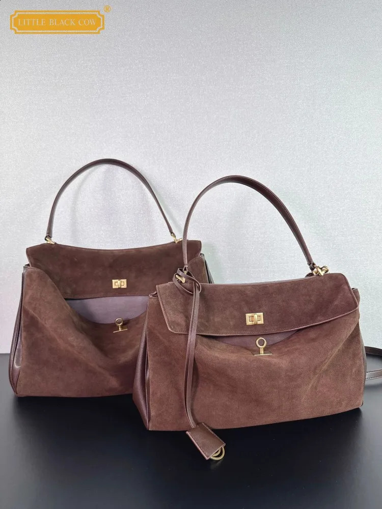 Womens suede leather retro handbag womens work large capacity shoulder splicing belt cross bag 240923