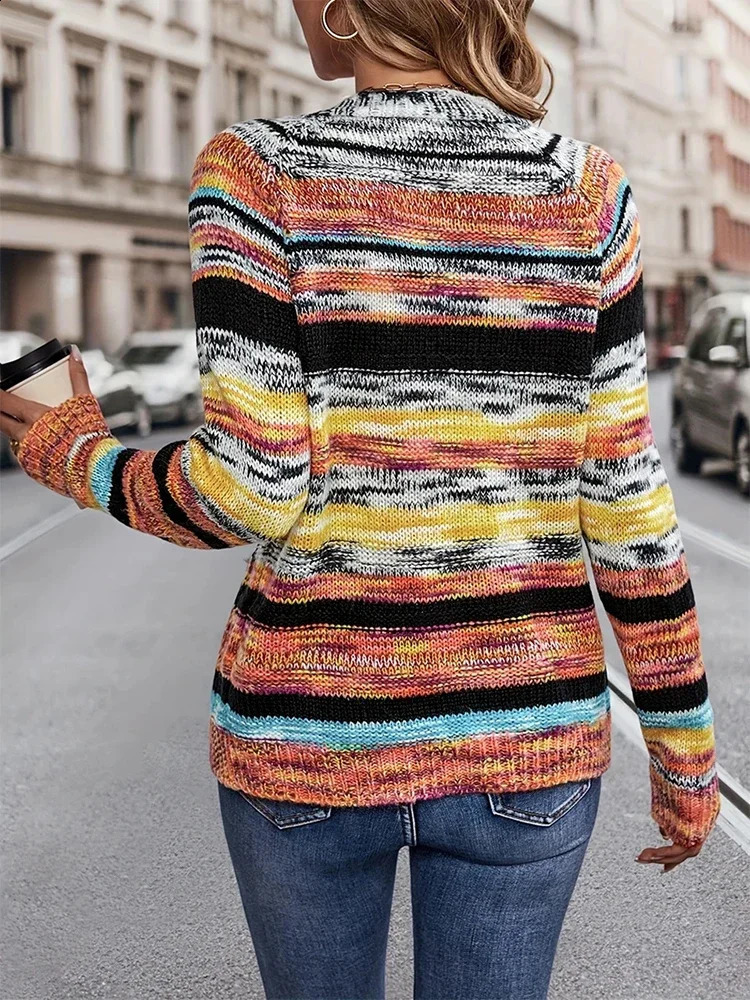 Aoaiiys Rainbow Striped Cardigan Women Knitted Sweater Pocket Long Sleeve Cardigan Fashion Casual Autumn Winter Sweater Coat 240912