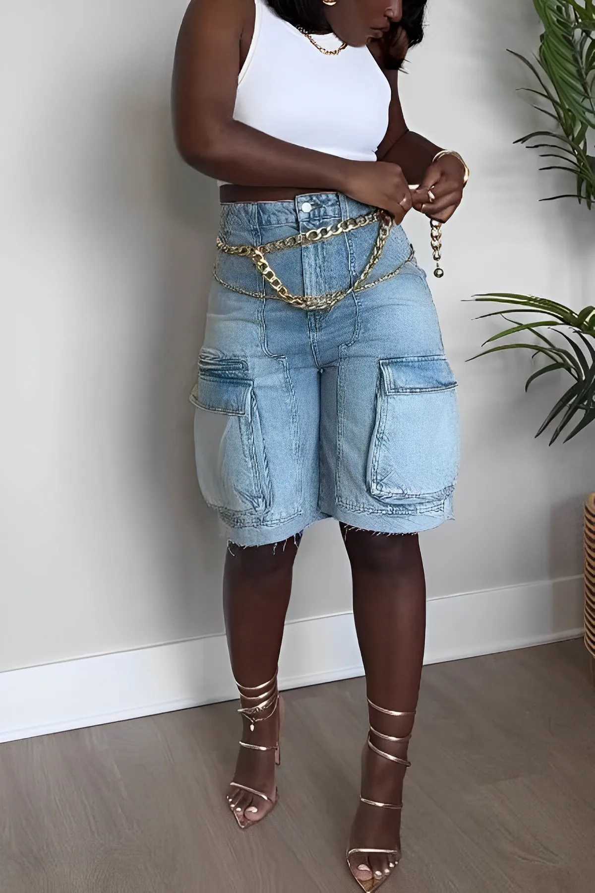 Spring/Summer Womens Denim Cargo Shorts Multi-Pocket Comfortable Casual Loose Solid Color Ladies Quarter PantsX240918