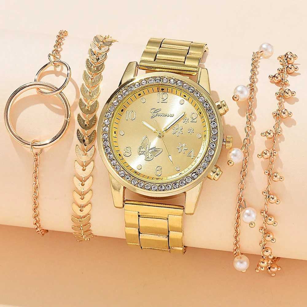 Silver Watch Set Women Fashion 5PCS Round 3 Eyes Quartz Alloy Strap Wristwatch Gift Rhinestone Watch For Women Jewelry SetX2409