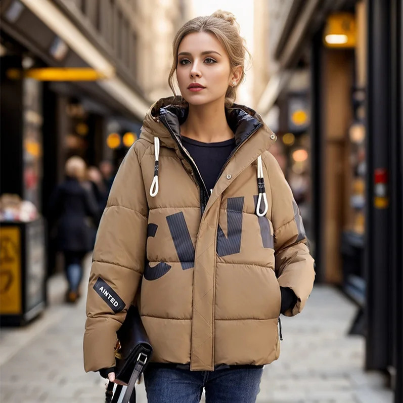2024 Winter Womens Jacket Female Cotton Padded Printed Letter Thick Wide Bread Jacket Womens Casual Loose Hooded Cotton Jacket 240918