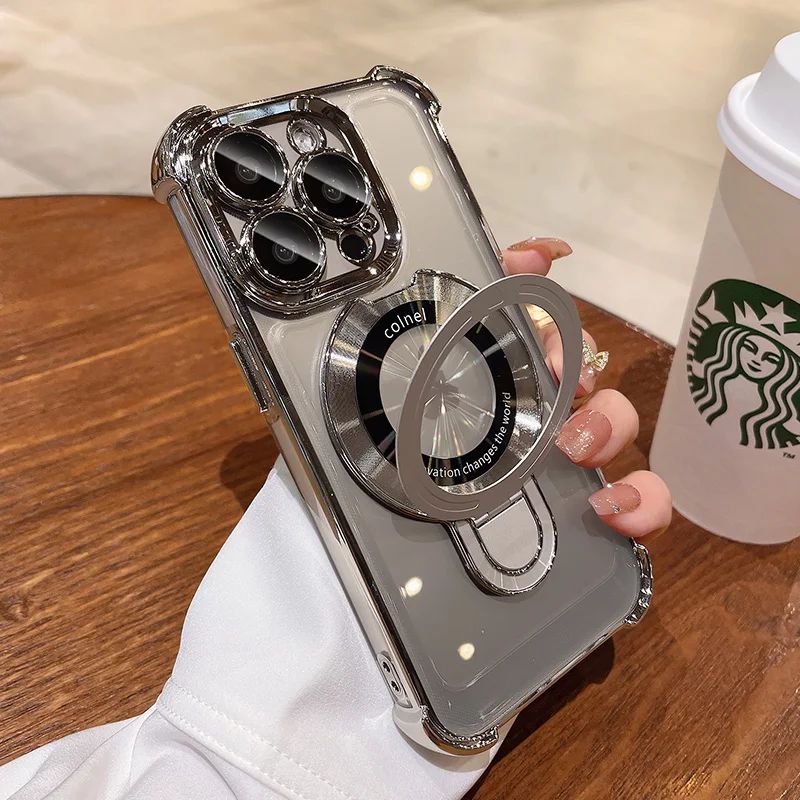 Luxury Four Corners Airbag Bracket Ring Stand Magnetic For Magsafe Wireless Case With Camera Lens Film Shockproof For iPhone 16 15 14 13 12 11 Pro Max