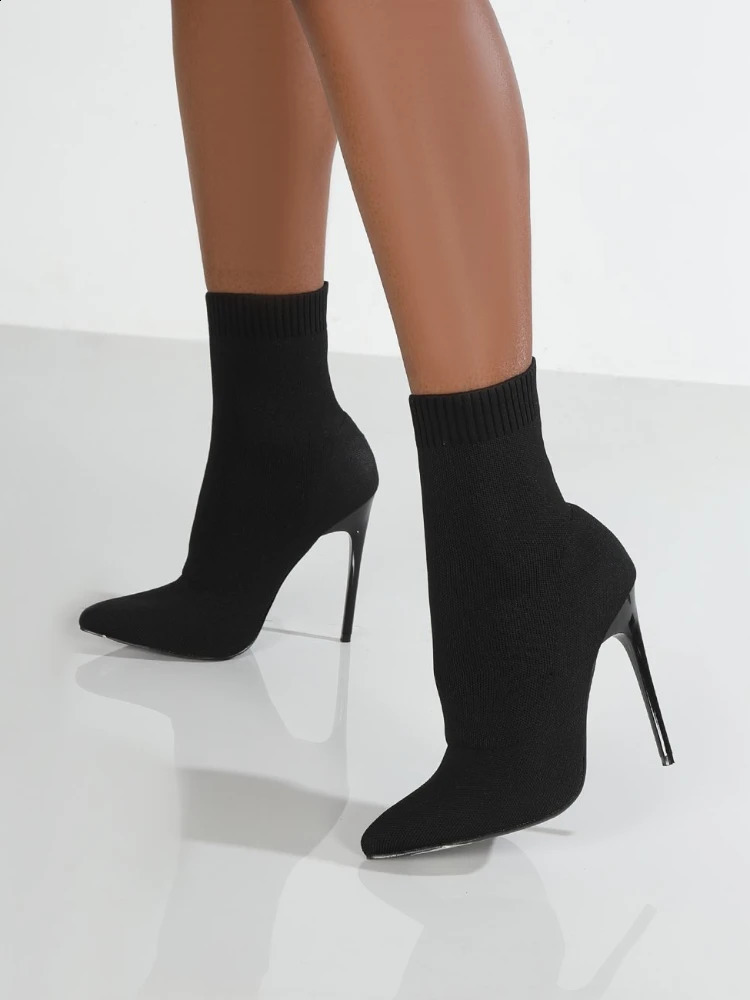 Short High Shoes For Autumn Winter Botas Mujer Knitted Ankle Black Sock Women Heels Boots Female 240921 c078