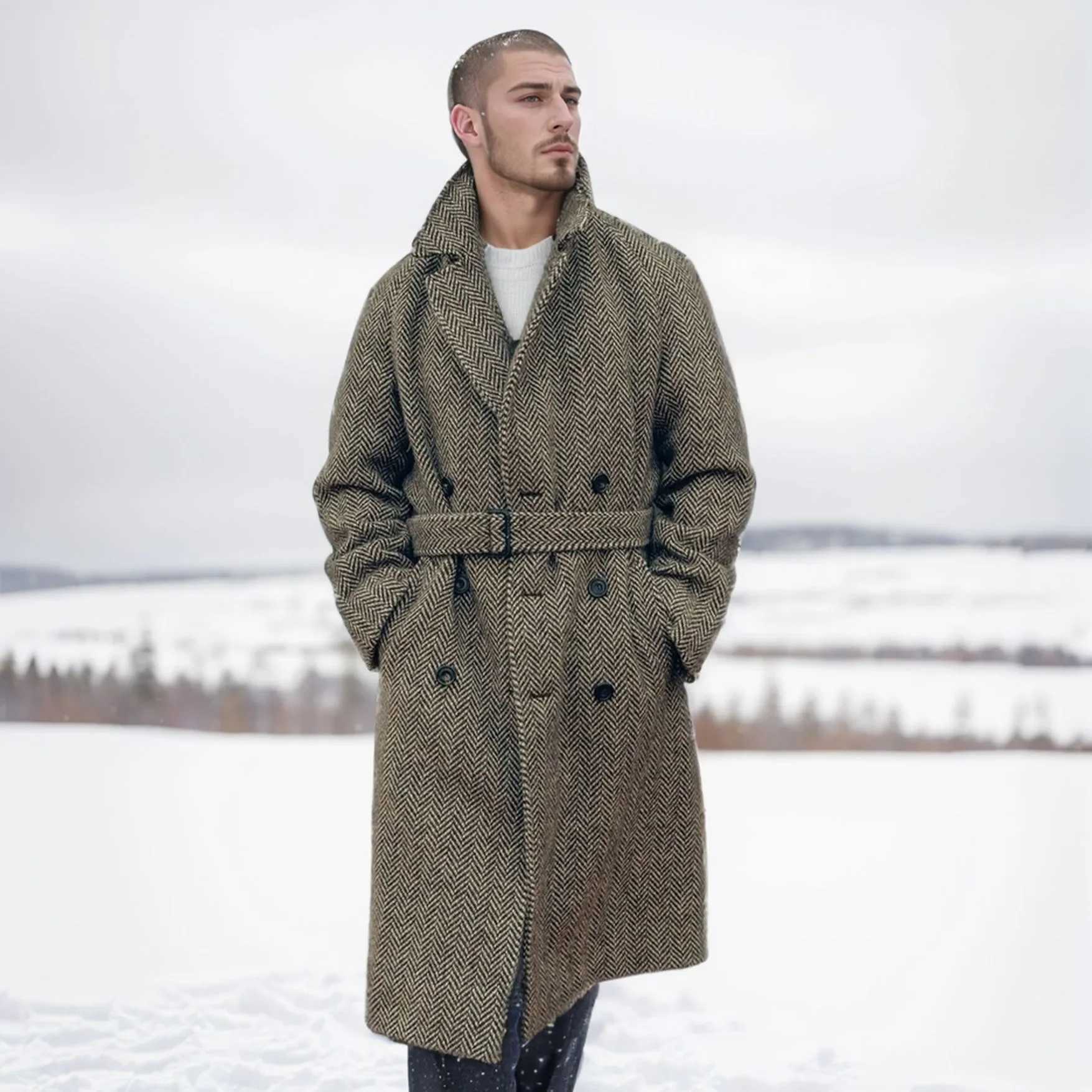 2024 European and American mens mid length wool plaid double chest casual cotton padded thick jacket suitable for autumn and winter W240921