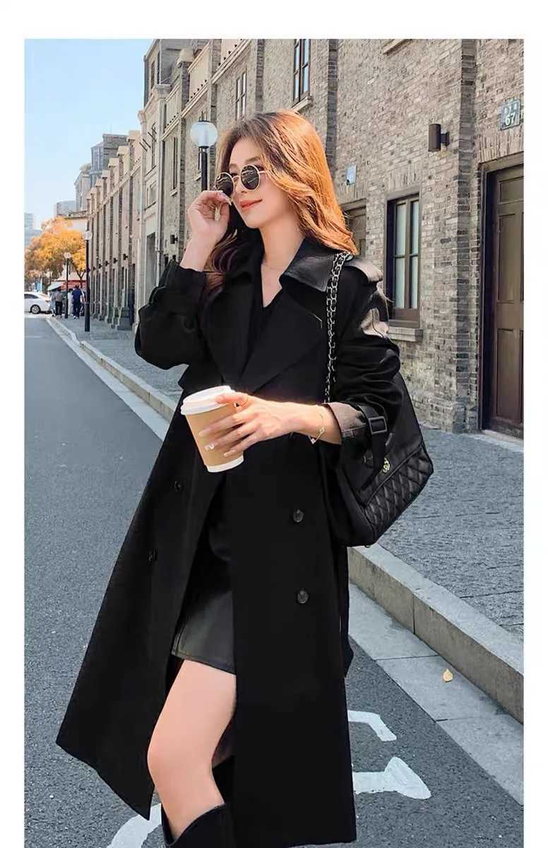Medium length trench coat womens spliced full sleeve double chest lapel lace waistband jacket long coat temperature W240923