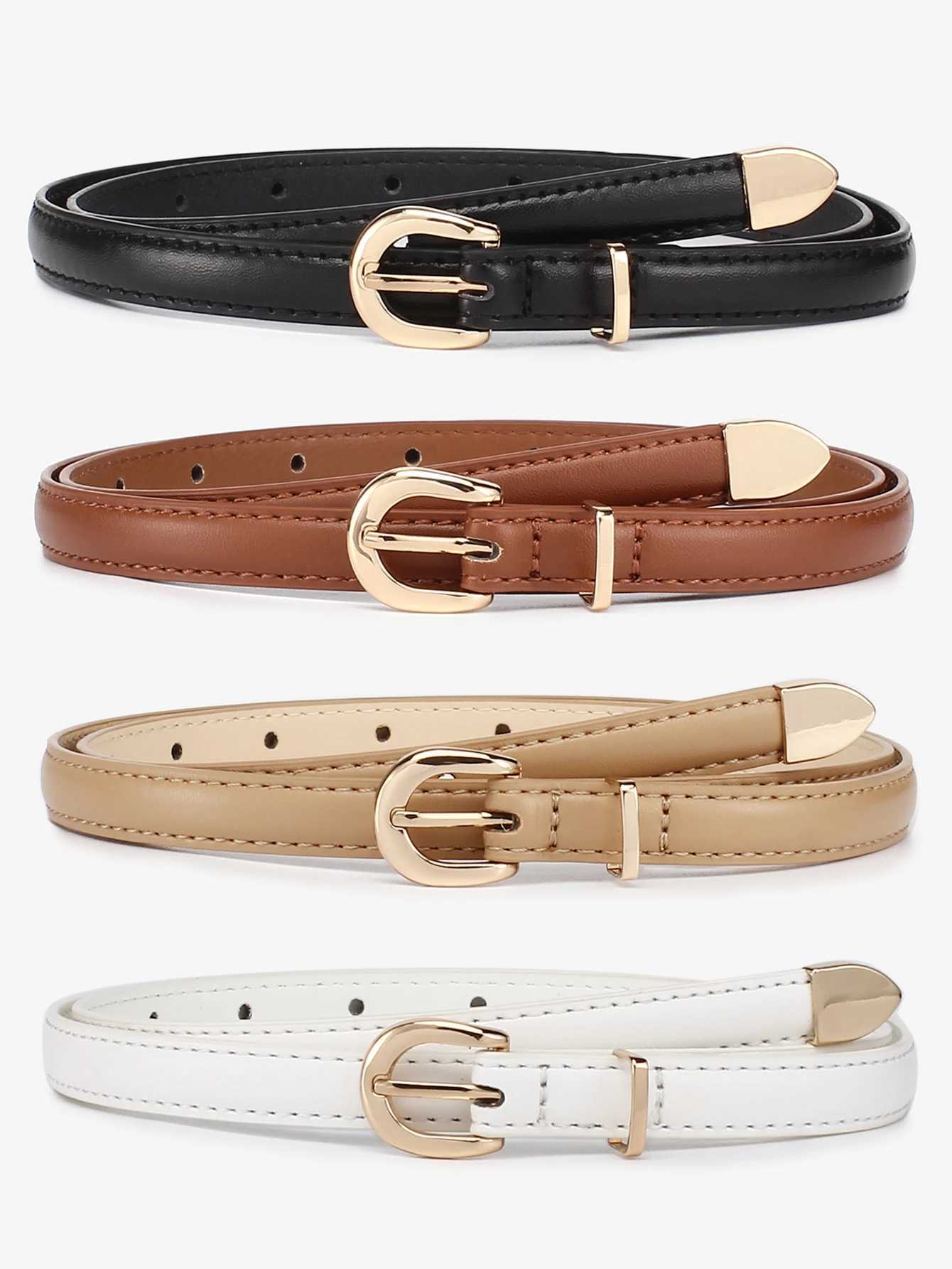 4pcs Women Student Teenager Skinny Leather Belt Thin Waist Belt with Metal Buckle for Pants Jeans DressesX240923