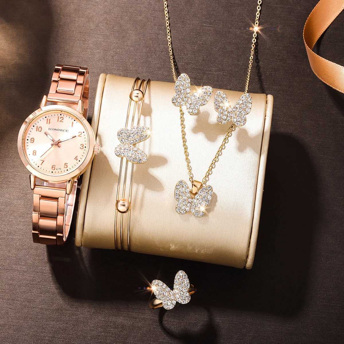 New Hot Selling Fashion Light Luxury Simple Rose Gold Womens Watch and Butterfly Water Diamond Ring Earrings Bracelet NecklaceX240923