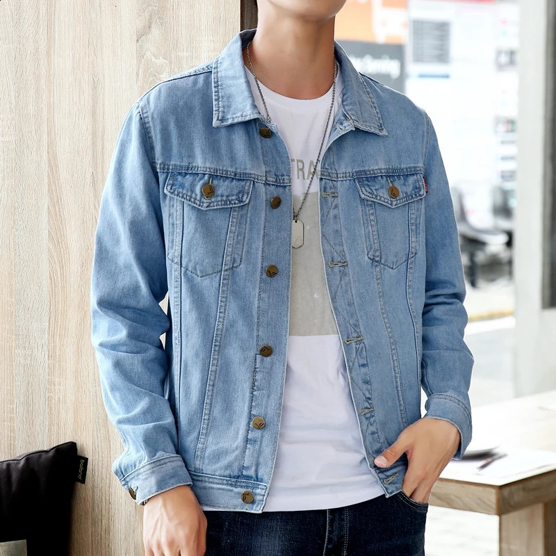 Mens Classic Blue Denim Jacket Solid Color High Quality Years Coat Casual 5X 240921