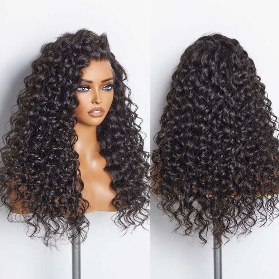 28Inch Frontal Wig Transparent Lace Water Wave Human Wigs 180% Density Full End Natural Color Raw Indian Hair