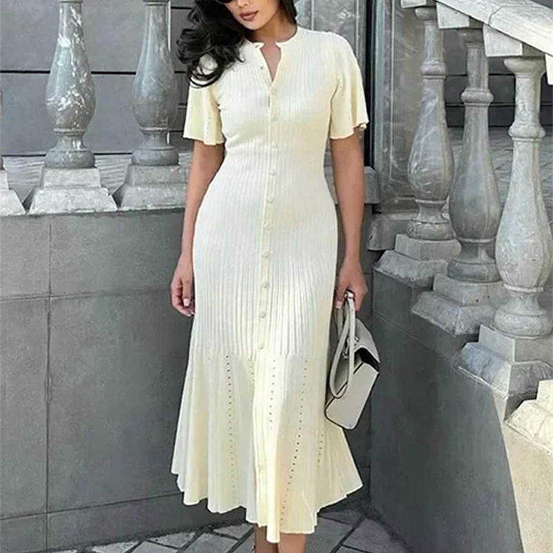 Patchwork Knitted Maxi Dress For Women Short Sleeve Hollow Out Ribbed Long Party Dresses Elegant O-Neck High Waist Lady Knitwear 240918